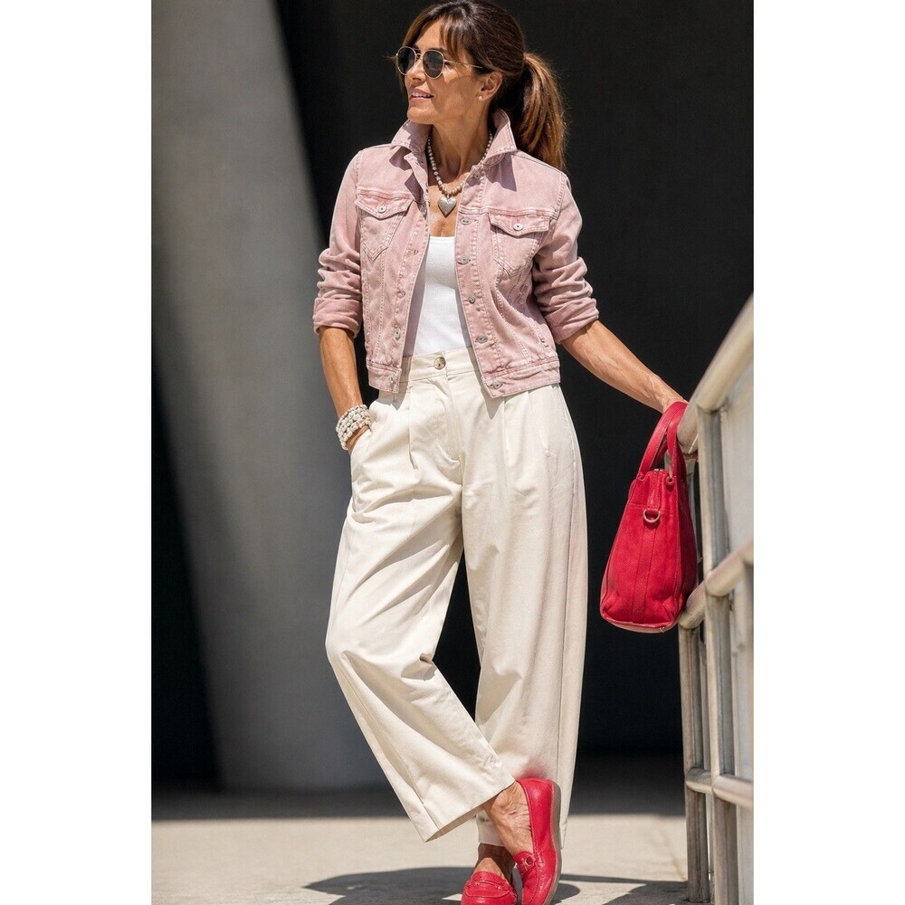 Stradivarius Baby Pink Denim Jacket Women’s Small Cotton Button Front Casual